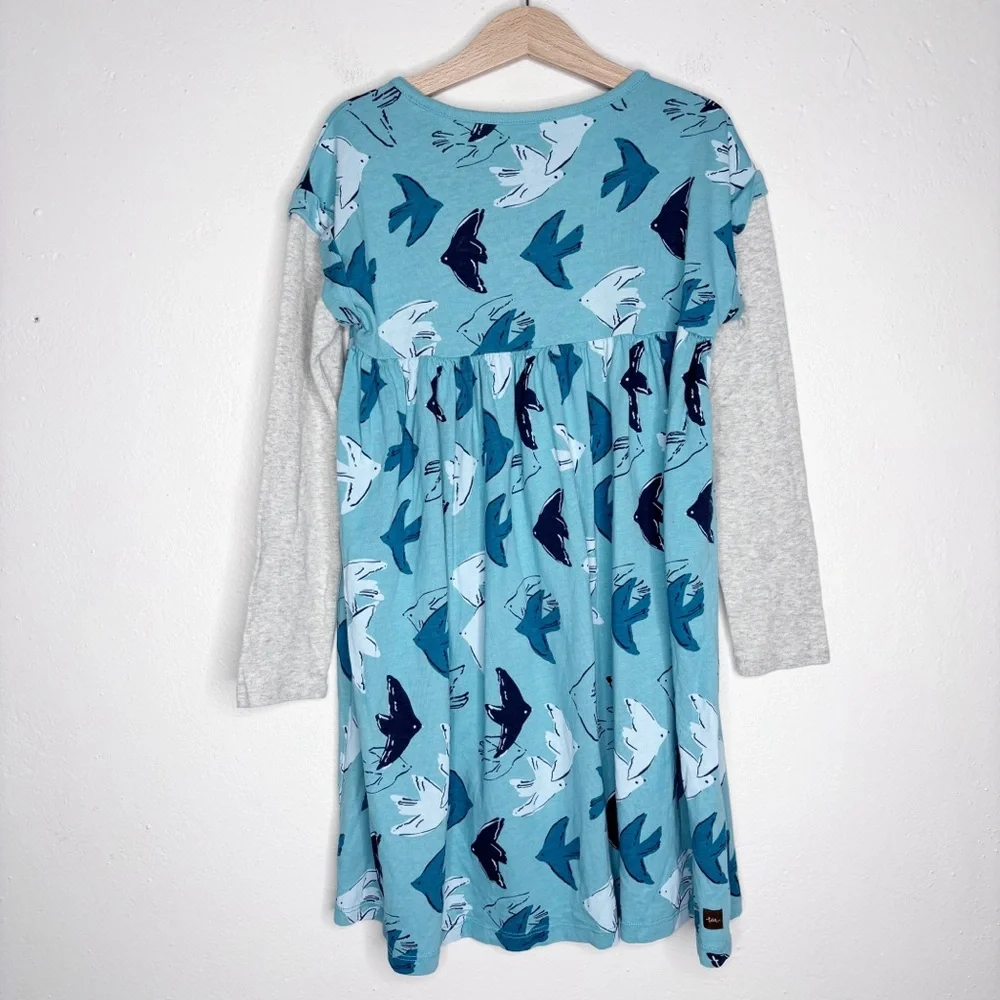 Tea Collection Teal Doves Layered Sleeve Dress Size 8 EUC